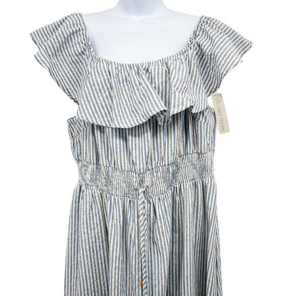 Lela Sky Striped Seersucker Cotton Linen Ruffle Plus Size Midi Dress - Picture 3 of 9